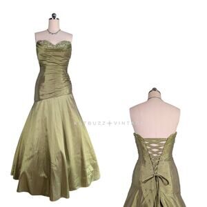 Mori Lee Prom Dress Maxi Gown 10 Green Strapless Corset Mermaid Bead Y2K Olive